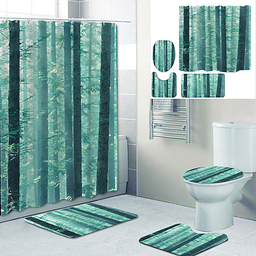 

Dense Woods Printed Bathtub Curtain Liner Covered With Waterproof Fabric Shower Curtain For Bathroom Home Decoration With Hook Floor Mat And Four-piece Toilet Mat