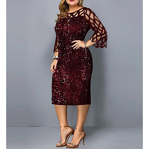 

Women's Plus Size Dresses Sheath Dress Midi Dress 3/4 Length Sleeve Solid Color Sequins Ruffle Sexy Spring & Fall / Mesh / Slim