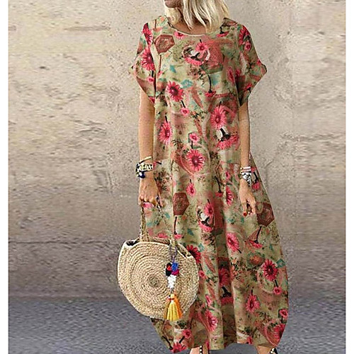 

Women's Swing Dress Maxi long Dress Blue Red Yellow Short Sleeve Floral Patchwork Print Fall Summer Round Neck Work Casual Cotton 2021 S M L XL XXL 3XL 4XL 5XL