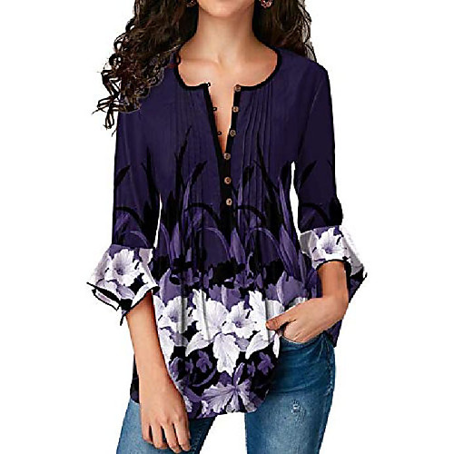 

women's fashion flower print 3/4 bell sleeve tops buttoned pleated blouse shirts navy m