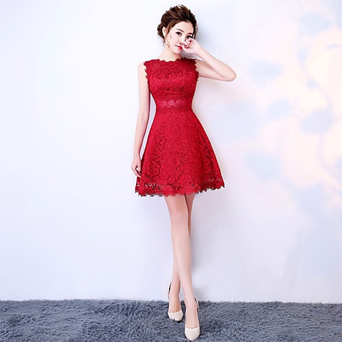 

A-Line Elegant Floral Homecoming Party Wear Valentine's Day Dress Jewel Neck Sleeveless Short / Mini Lace with Lace Insert 2021