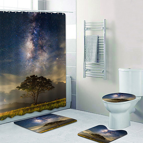 

Big Tree Galaxy Digital Printing Four-piece Set Shower Curtains And Hooks Modern Polyester Machine Made Waterproof Bathroom