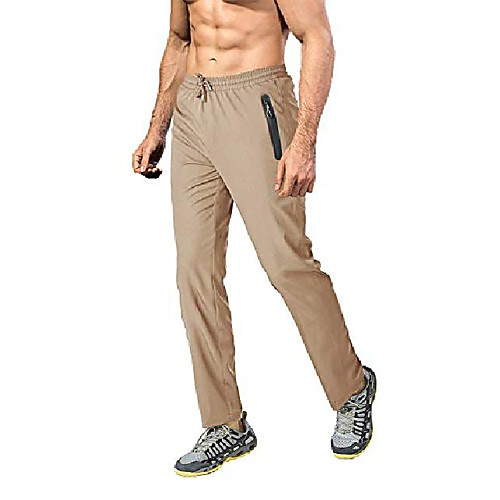 

men's outdoor lightweight walking trousers dry fit track pants stretch with zip pockets khaki