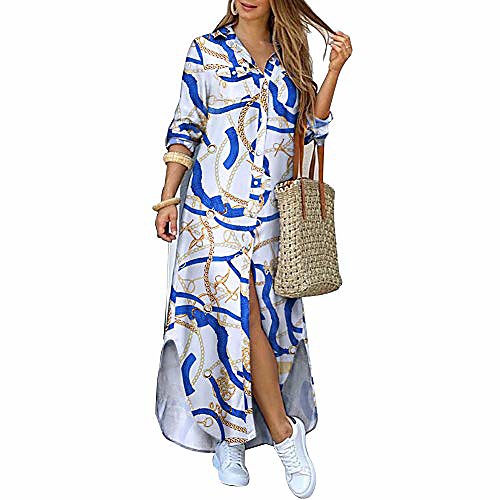 

women's long sleeve loose v neck plain maxi dresses casual side split long dresses blouse t-shirt