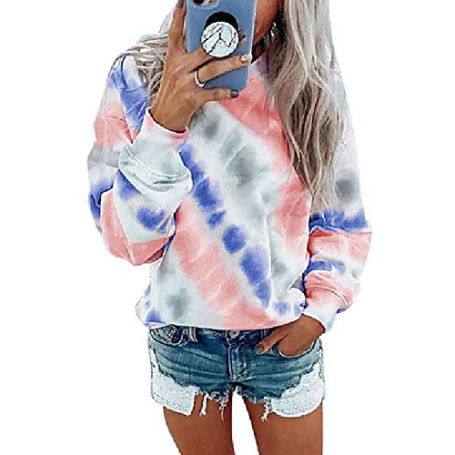 

women's tie dye printed long sleeve tops ladies round collar casual loose style sweatshirts color block tunis for women blue 12 14