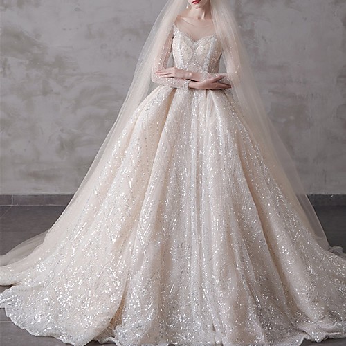 

Ball Gown Wedding Dresses Jewel Neck Watteau Train Lace 3/4 Length Sleeve Formal Luxurious Sparkle & Shine with Pleats 2021