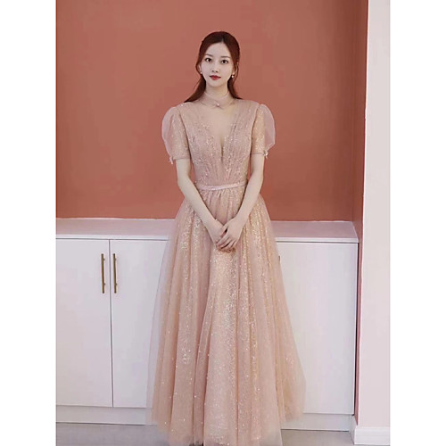 

A-Line Glittering Elegant Engagement Prom Dress Illusion Neck Short Sleeve Floor Length Sequined with Bow(s) Pleats 2021