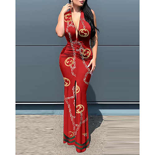 

Women's Sheath Dress Maxi long Dress White Black Blue Red Yellow Sleeveless Floral Print Split Patchwork Print Summer V Neck Elegant Sexy 2021 S M L XL XXL 3XL / Plus Size