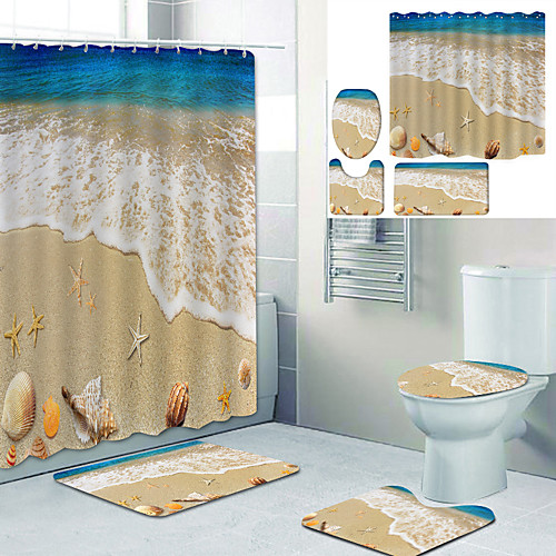 

Beach Conch Printed Bathtub Curtain Liner Covered With Waterproof Fabric Shower Curtain For Bathroom Home Decoration With Hook Floor Mat And Four-piece Toilet Mat