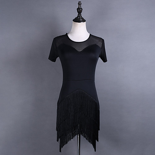 

Latin Dance Dress Tassel Solid Women's Training Short Sleeve Natural Milk Fiber