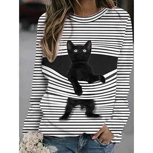

Women's Tunic Striped Cat Animal Long Sleeve Patchwork Print Round Neck Tops Loose Basic Top Black Green