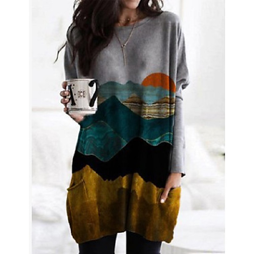 

Women's T Shirt Dress Tee Dress Short Mini Dress Gray Long Sleeve Print Patchwork Print Fall Spring Round Neck Casual 2021 S M L XL XXL 3XL / Plus Size