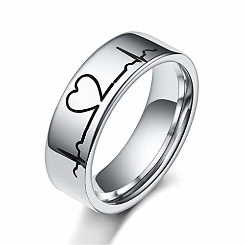 

silver color titanium steel heartbeat ecg parttern couple ring for men and women (6mm, 8)