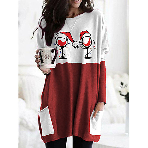 

Women's T Shirt Dress Tee Dress Short Mini Dress Red Green Long Sleeve Print Pocket Patchwork Print Fall Spring Round Neck Casual Christmas 2021 S M L XL XXL 3XL / Plus Size