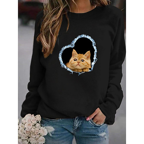 

Women's Pullover Sweatshirt Cat Graphic 3D Print Daily 3D Print Basic Casual Hoodies Sweatshirts Black