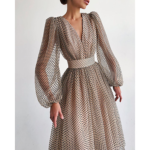 

Women's A Line Dress Midi Dress White Black Khaki Long Sleeve Polka Dot Ruched Print Fall Winter V Neck Elegant Vintage vacation dresses Lantern Sleeve Puff Sleeve 2021 S M L XL