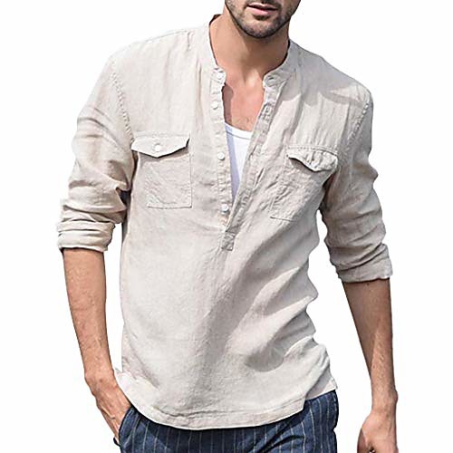 

short sleeve polo shirt slim fit baggy linen pocket solid long sleeve retro tops blouse khaki