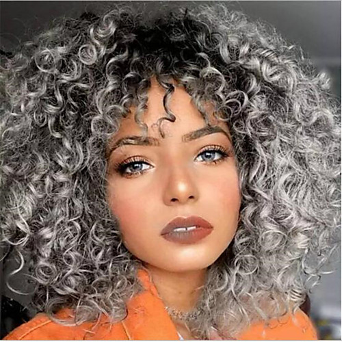 

Synthetic Wig Curly Afro Curly Asymmetrical Wig Medium Length Silver grey Synthetic Hair Women's Soft Color Gradient Dark Gray Black