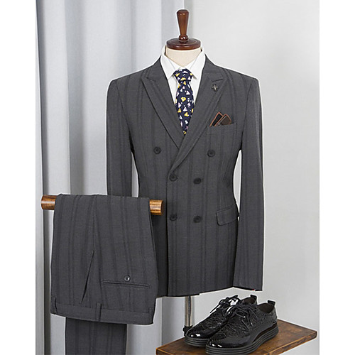 

Gray Striped Tailored Fit Polyester Suit - Peak Double Breasted Four-buttons / Suits