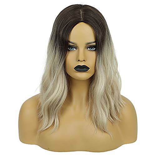 

middle part curly wave wigs for women dark brown to ash blonde