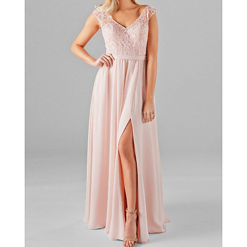 

A-Line V Neck Floor Length Chiffon / Lace / Shantung Bridesmaid Dress with Split Front / Ruching