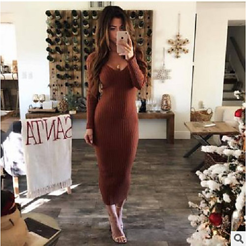 

Women's Sheath Dress Midi Dress White Black Red Brown Long Sleeve Solid Color Patchwork Fall Winter V Neck Casual Sexy 2021 S M L XL XXL 3XL 4XL 5XL / Plus Size
