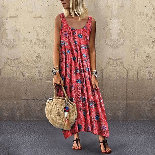 

Women's A Line Dress Maxi long Dress Red Yellow Green Sleeveless Floral Patchwork Print Spring Summer Round Neck Boho vacation dresses 2021 S M L XL XXL 3XL 4XL 5XL