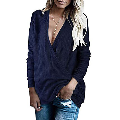 

womens knitted wrap front deep v-neck sweater long sleeve loose pullover jumper tops - - medium