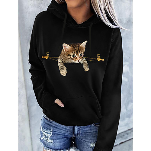 

Women's Pullover Hoodie Sweatshirt Cat Graphic 3D Front Pocket Daily Basic Casual Hoodies Sweatshirts Black