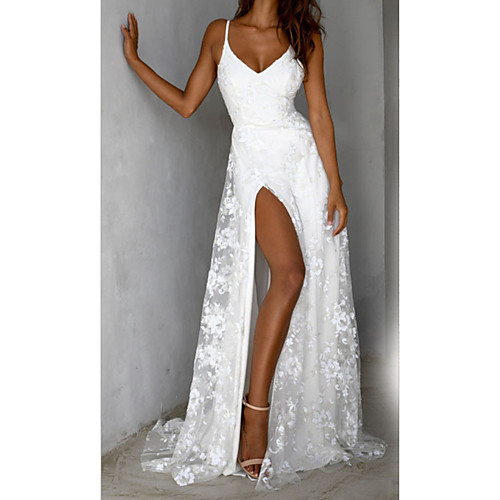 

Women's Sheath Dress Maxi long Dress White Sleeveless Solid Color Backless Split Lace Fall Spring V Neck Elegant Sexy 2021 S M L XL