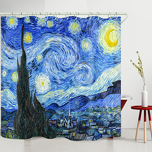 

Van Gogh Starry Sky Town Digital Printing Shower Curtains with Hooks Modern Polyester New Design