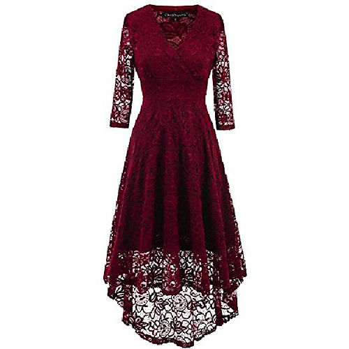 

women vintage beautiful 50's retro floral lace fabric swing dress with 3/4 long sleeve deep v neck high waist high-low hip lace party cocktail midi dress burgundy