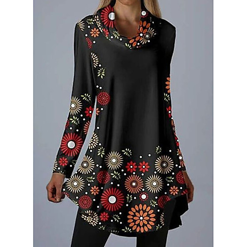 

Women's Shift Dress Short Mini Dress Black Long Sleeve Floral Geometric Print Fall Spring Round Neck Casual 2021 M L XL XXL 3XL