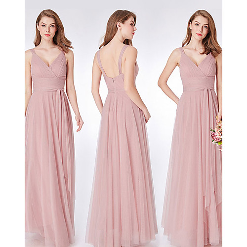 

Sheath / Column V Neck Floor Length Tulle Bridesmaid Dress with Ruching