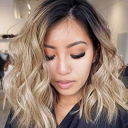 

short bob blonde wavy wigs ombre black blonde wigs with middle part heat resistant synthetic wigs for women