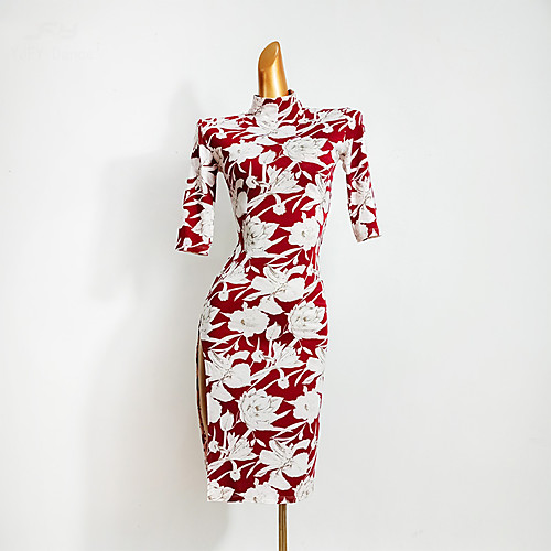 

Latin Dance Dress Split Pattern / Print Split Joint Women's Training Performance Half Sleeve Knit