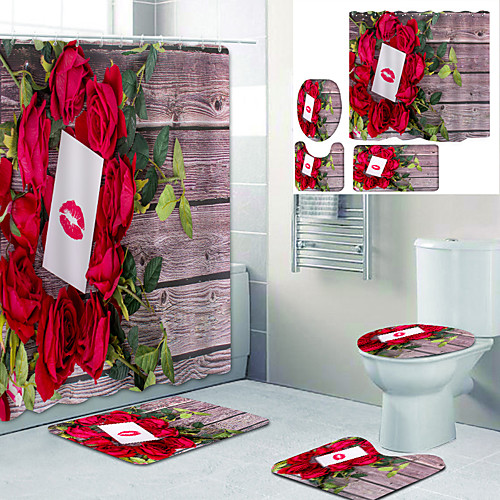 

Wood Rose Printed Bathtub Curtain Liner Covered With Waterproof Fabric Shower Curtain For Bathroom Home Decoration With Hook Floor Mat And Four-piece Toilet Mat