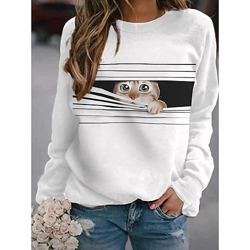 

Women's Pullover Sweatshirt Cat Graphic 3D Print Daily 3D Print Basic Casual Hoodies Sweatshirts White