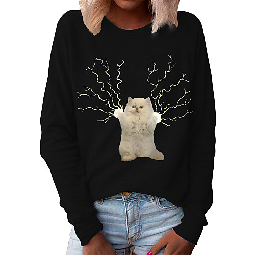 

Women's Pullover Sweatshirt Cat Graphic 3D Daily Basic Casual Hoodies Sweatshirts Black