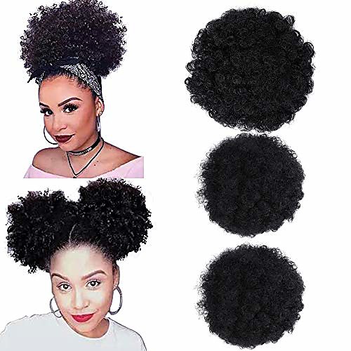 

1pack afro puff drawstring ponytail human hair short afro kinkys curly afro bun extension hairpieces black updo hair extensions(1b#)