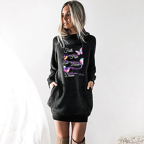 

Women's T shirt Dress Butterfly Graphic Prints Long Sleeve Cowl Neck Tops Basic Top Black Wine Camel