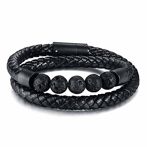 

1 pcs 7 chakra lava rock bracelet healing balancing genuine leather bracelets with magnetic clasp for men (volcanic stone)