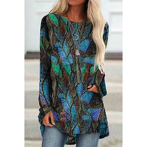 

Women's T Shirt Dress Tee Dress Short Mini Dress Purple Yellow Green Long Sleeve Print Patchwork Print Fall Spring Round Neck Elegant Vintage 2021 S M L XL XXL 3XL 4XL 5XL / Plus Size