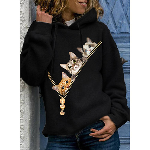 

Women's Pullover Hoodie Sweatshirt Cat Graphic 3D Print Daily 3D Print Basic Casual Hoodies Sweatshirts Black