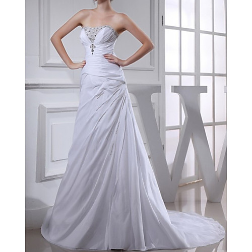 

Sheath / Column Wedding Dresses Strapless Court Train Satin Sleeveless Formal with Beading 2021