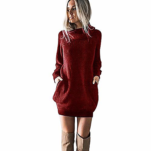 

ladies knitted dress turtleneck long-sleeved stretch sweater dress long knitted sweater elegant mini dress for winter ladies high-neck knitted long-sleeved dress (wine, l)