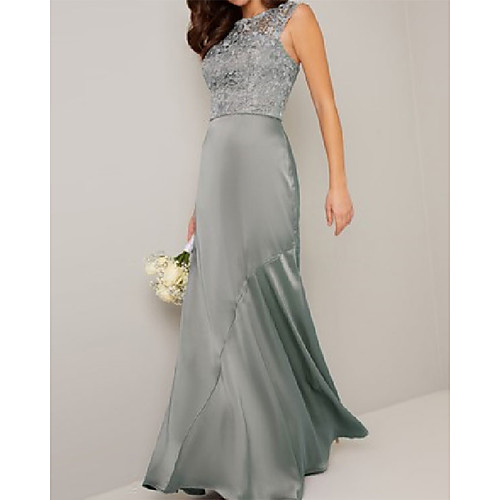 

Mermaid / Trumpet Jewel Neck Floor Length Lace / Charmeuse Bridesmaid Dress with Lace / Ruching