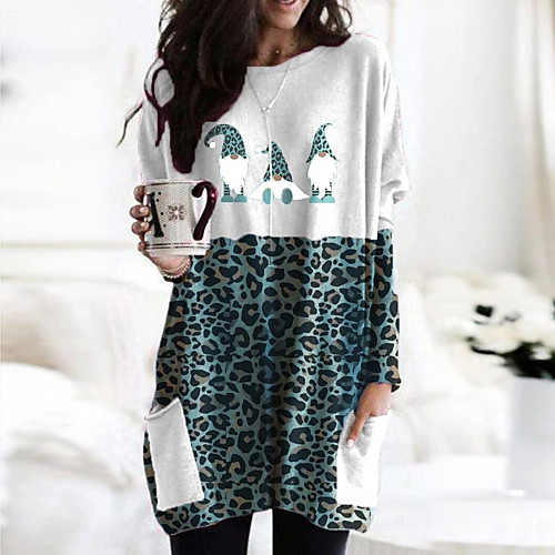 

Women's T Shirt Dress Tee Dress Short Mini Dress Blushing Pink Khaki Green Gray Long Sleeve Print Leopard Pocket Patchwork Print Fall Spring Round Neck Casual Christmas 2021 S M L XL XXL 3XL