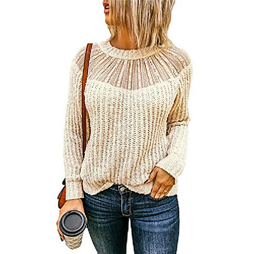 

women pullover lace stitching sweater long sleeve crewneck jumper patchwork loose tops apricot x-large