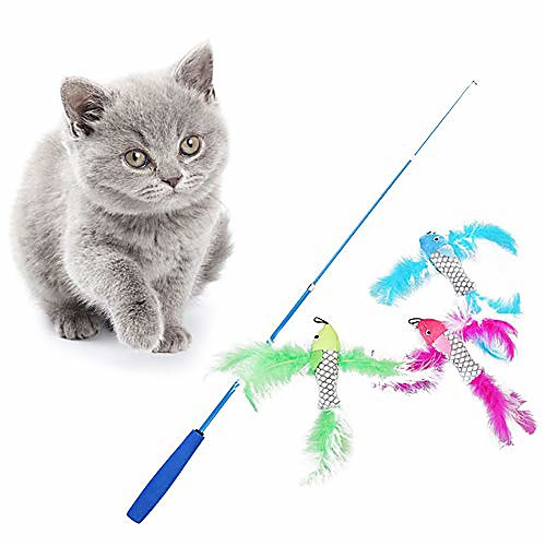 

4pcs cat toy wand stick telescopic kitten interactive teaser catcher 3 flying fishes replacement bird feathers indoor rose red green blue
